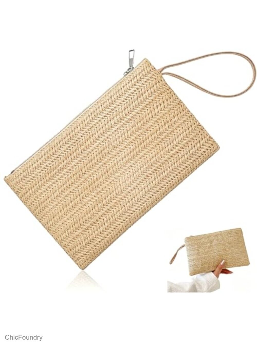 Hand-Woven Straw Clutch Bag Zipper Wristlet Bohemian Purse for Summer Beach